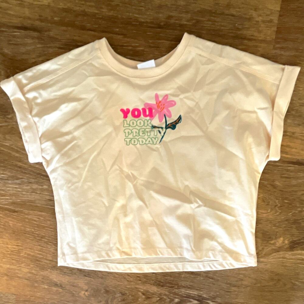 ZARA Girls Ivory Graphic Floral Crew Neck Short Sleeve Cropped T-Shirt Size 8-9